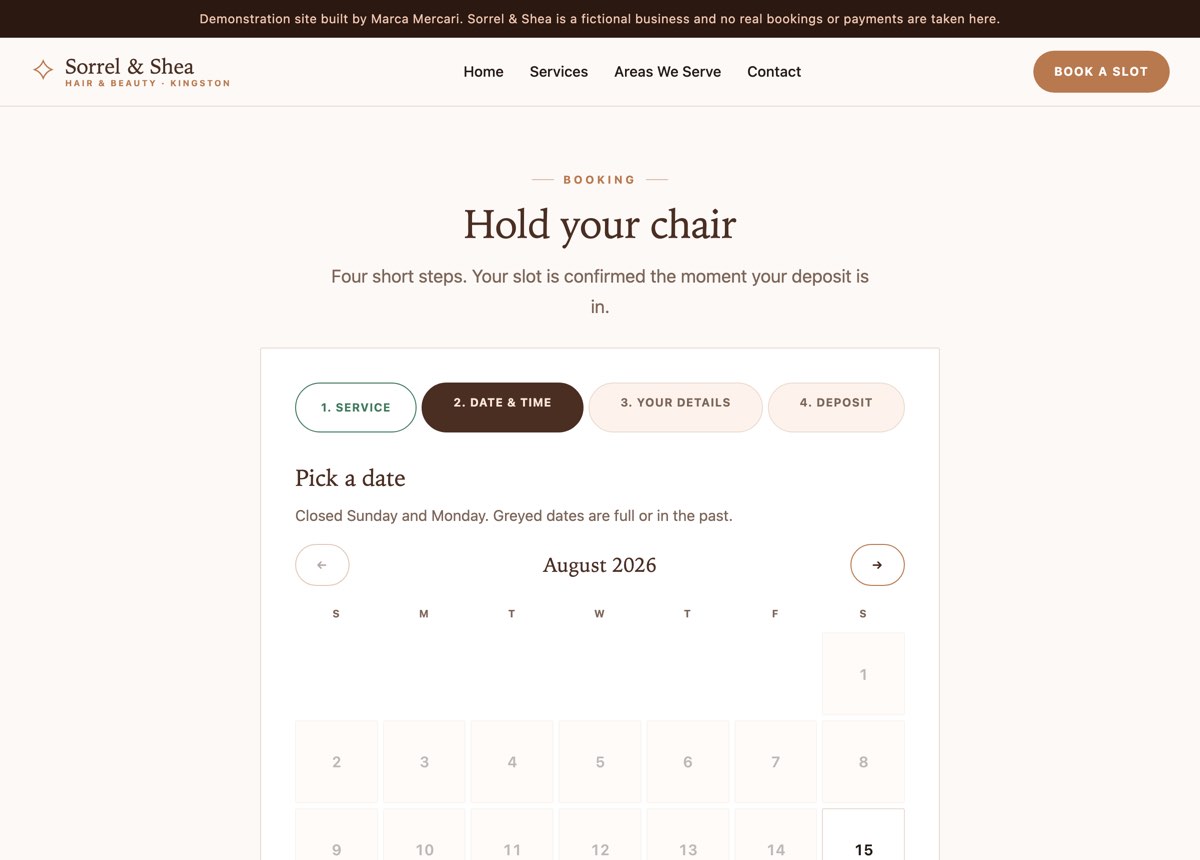 Booking page showing a four step flow and a calendar of available dates.