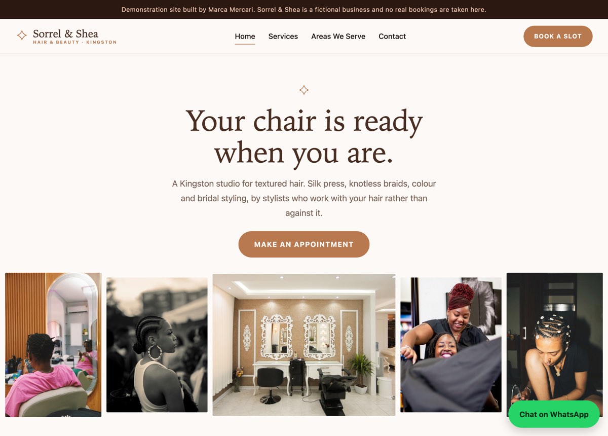 Home page of the Sorrel and Shea website, showing the studio name, a headline and photographs of the salon.