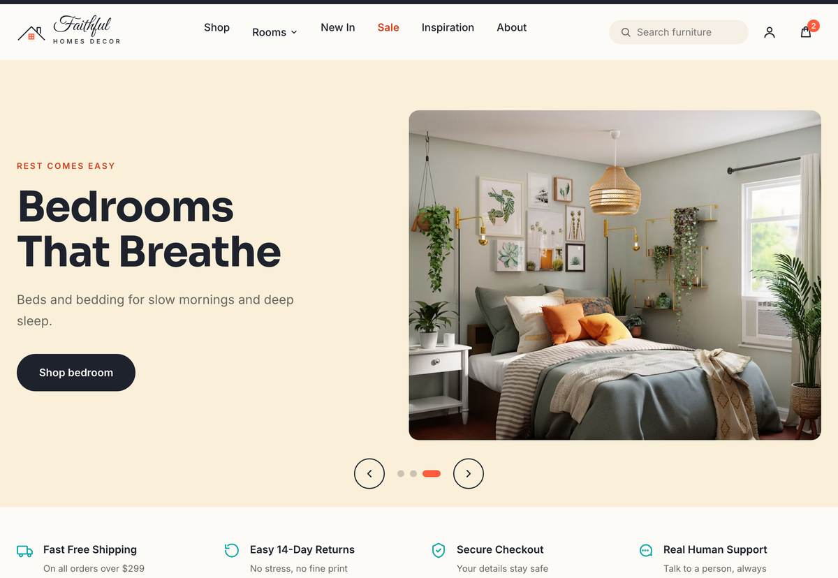 Home page of the Faithful Homes Decor furniture shop, showing a bedroom collection and a shop button.